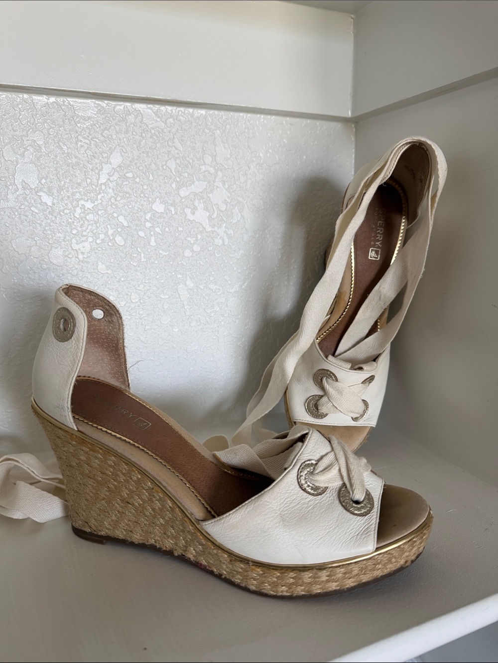 Sperry White and Gold Leather Lace-Up Espadrille Wedge Sandals